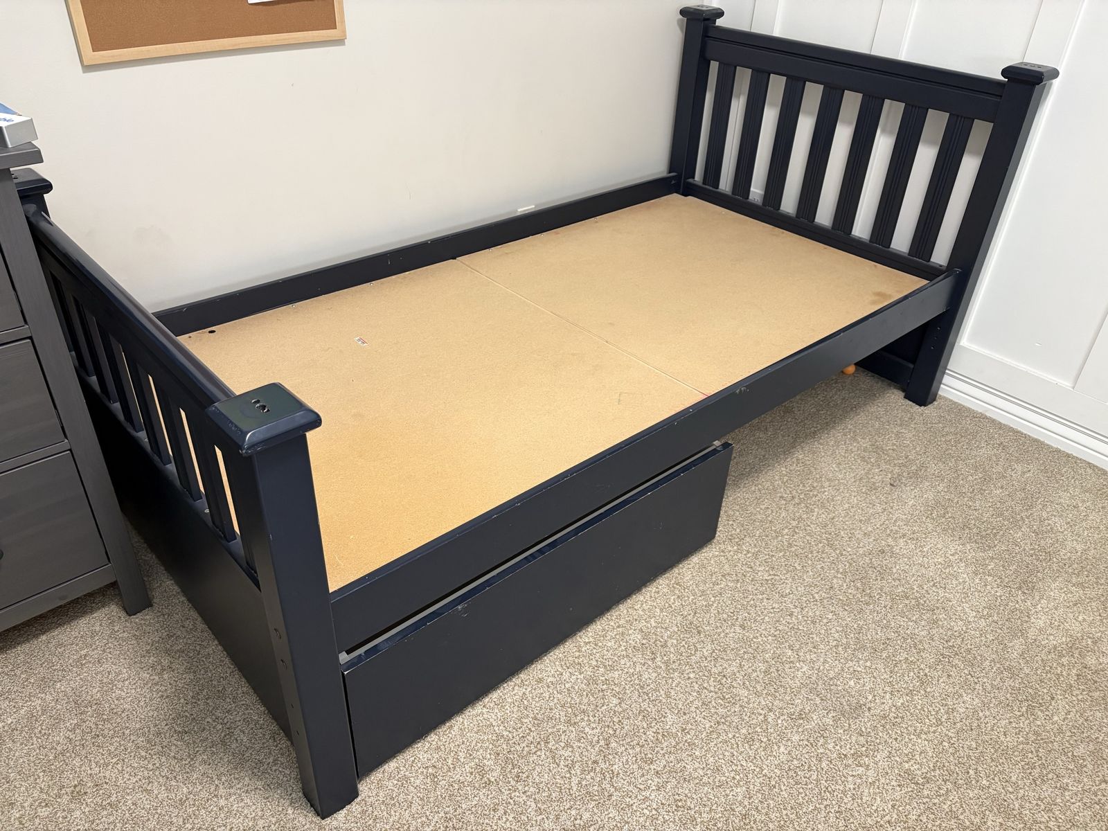 2 Navy Blue Twin Bed Frames (can stack as bunk beds) with Trundle Drawer - Kids/Guest Room Solution