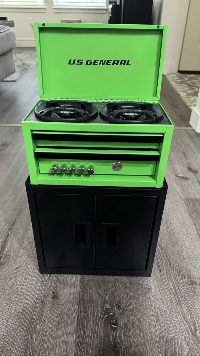 Custom US General Tool Box Stereo with Pyle Subwoofer and SHCA Speakers - Unique Audio Setup