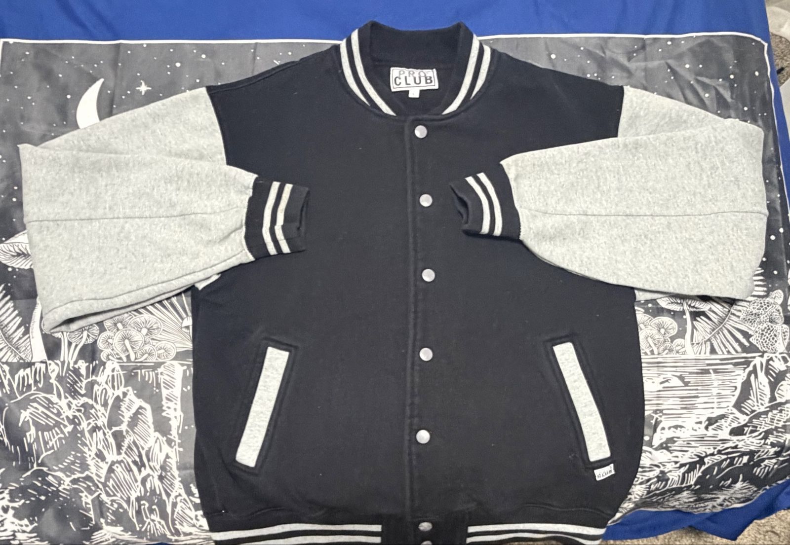 Pro Club Fleece Varsity Jacket Black and Grey Snap Front Size L