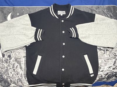 Pro Club Fleece Varsity Jacket Black and Grey Snap Front Size L