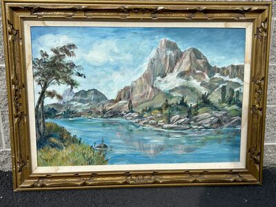 Beautiful 1970’s vintage, original oil painting on canvas. Stunning wooden frame mid century Mountains, lake, framed 44” wide!
