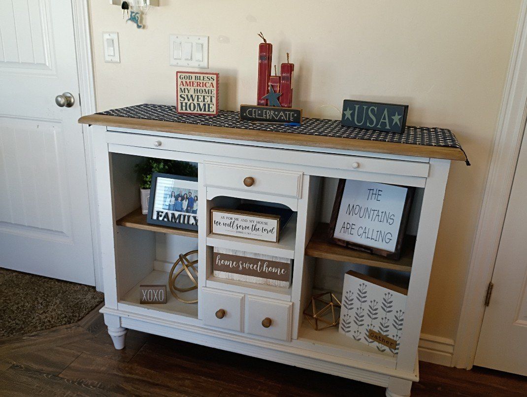 White and Natural Wood Buffet Cabinet Console Table with Storage Drawers & Shelves