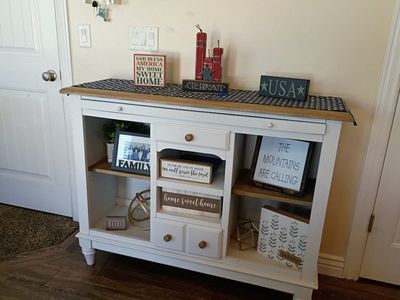 White and Natural Wood Buffet Cabinet Console Table with Storage Drawers & Shelves