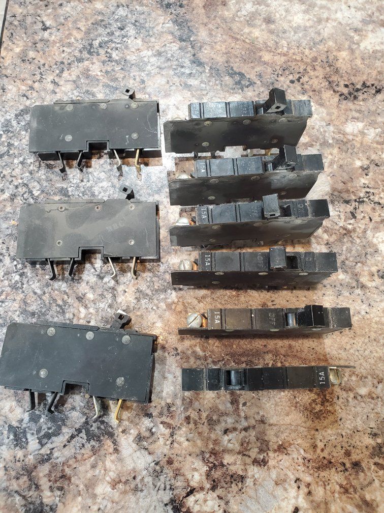 Lot of 9 Vintage Cutler Hammer 15A Circuit Breakers, also 1 40 amp, 1 50 amp 2 post.