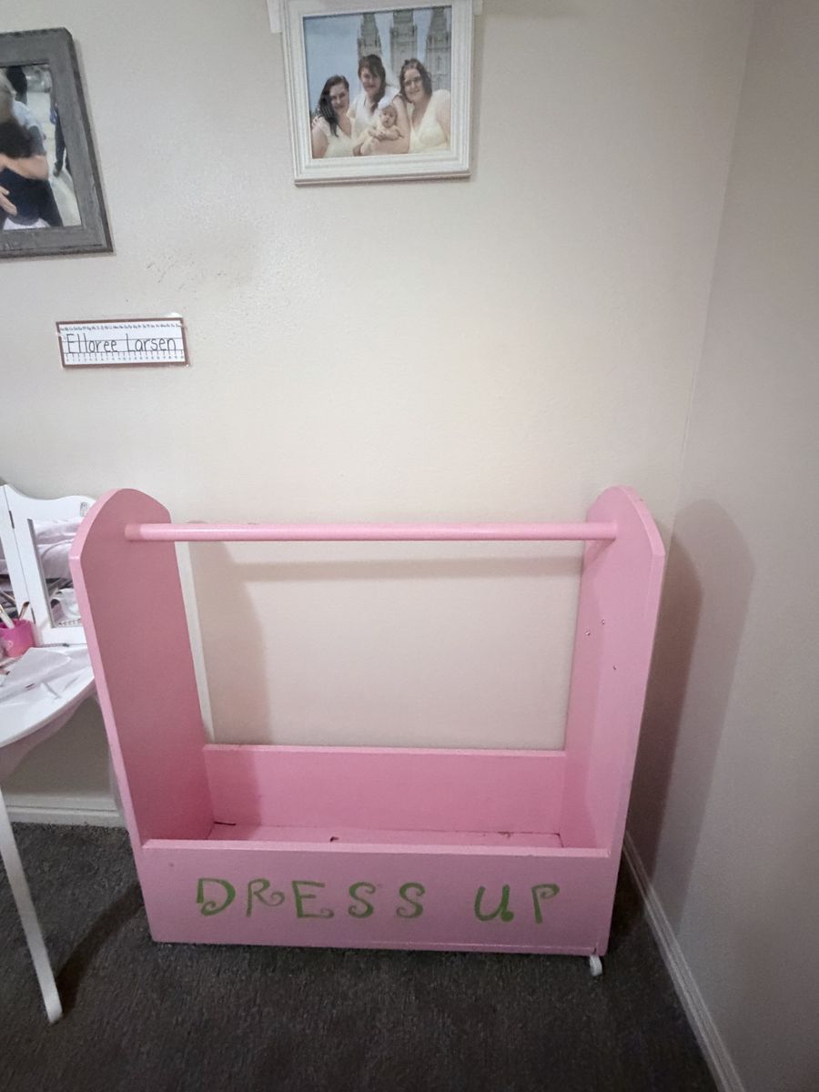 Pink Wooden Kids' Dress-Up Rack with Storage - Play Clothes Organizer