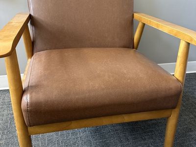 Mid-Century Modern Armchair Brown Faux Leather & Wood Frame Accent Chair