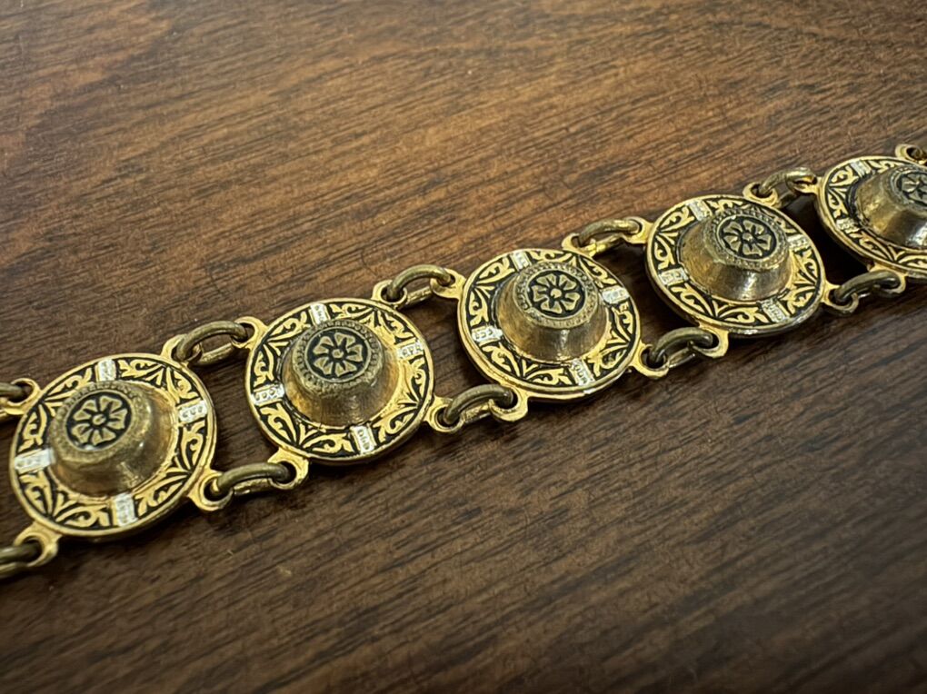 Vintage Damascene Panel Bracelet W/ Flowers