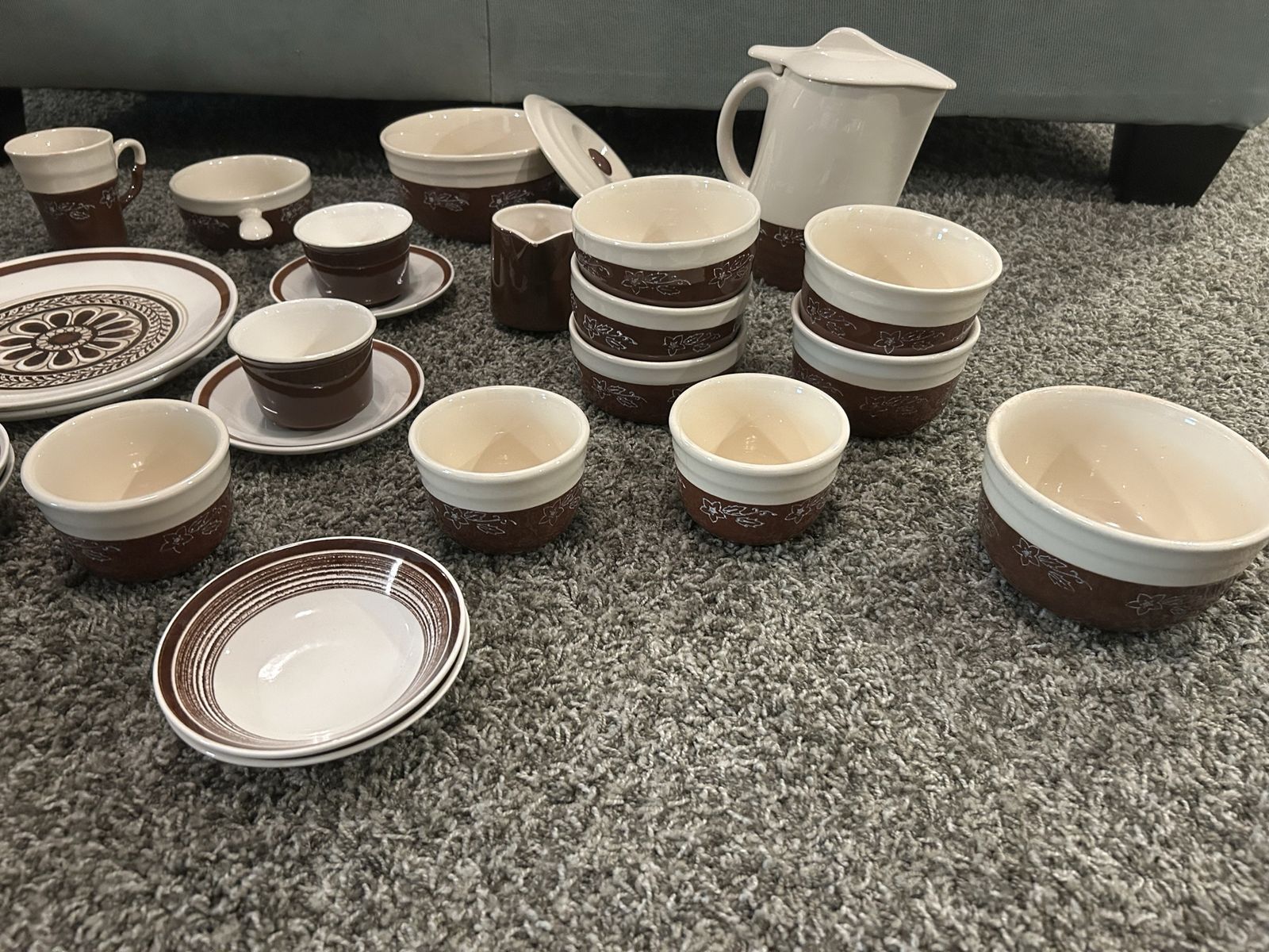Vintage Brown & White Floral Stoneware Dish Set