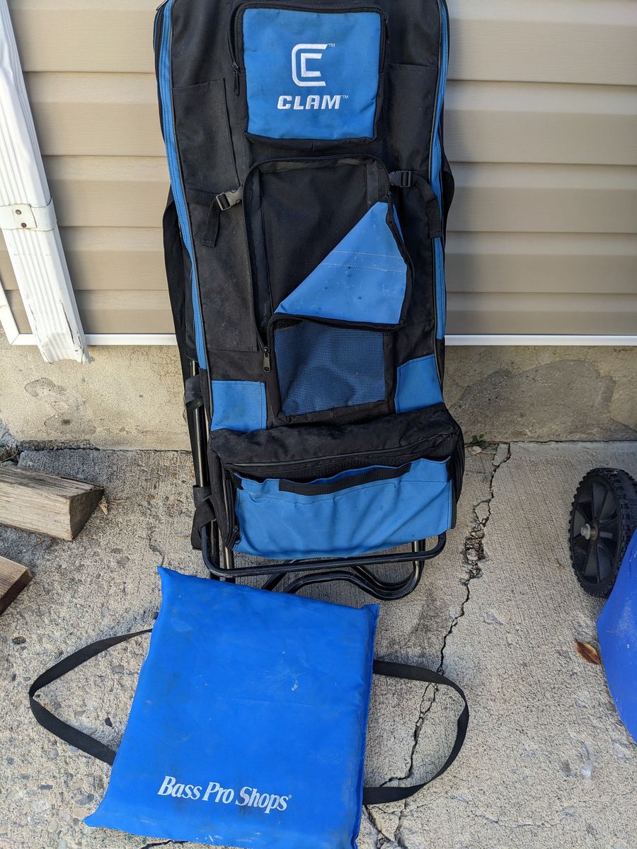 Clam Ice Fishing Backpack Chair with Storage and Bass Pro Shops Cushion
