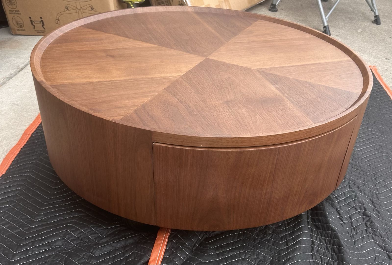 New 36” Modern Round Wooden Coffee Table with Built-in Drawer