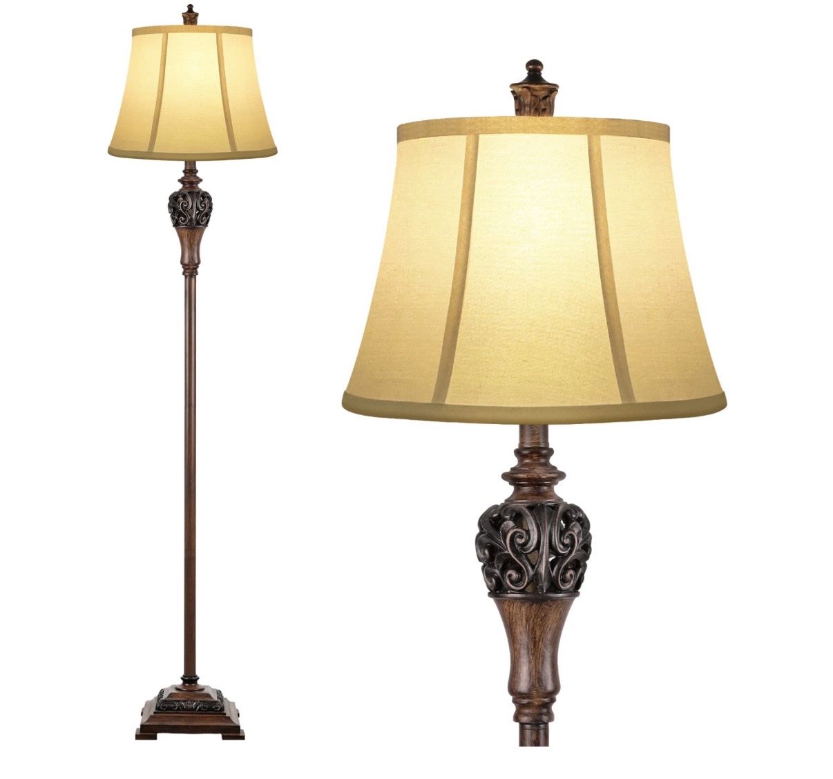 Traditional Antique Brown Floor Lamp with Fabric Bell Shade - 63.8"