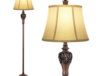 Traditional Antique Brown Floor Lamp with Fabric Bell Shade - 63.8"