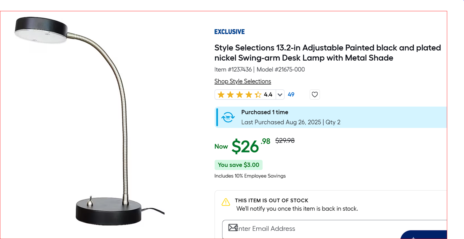 Style Selections 13.2-in Adjustable Painted black and plated nickel Swing-arm Desk Lamp with Metal Shade