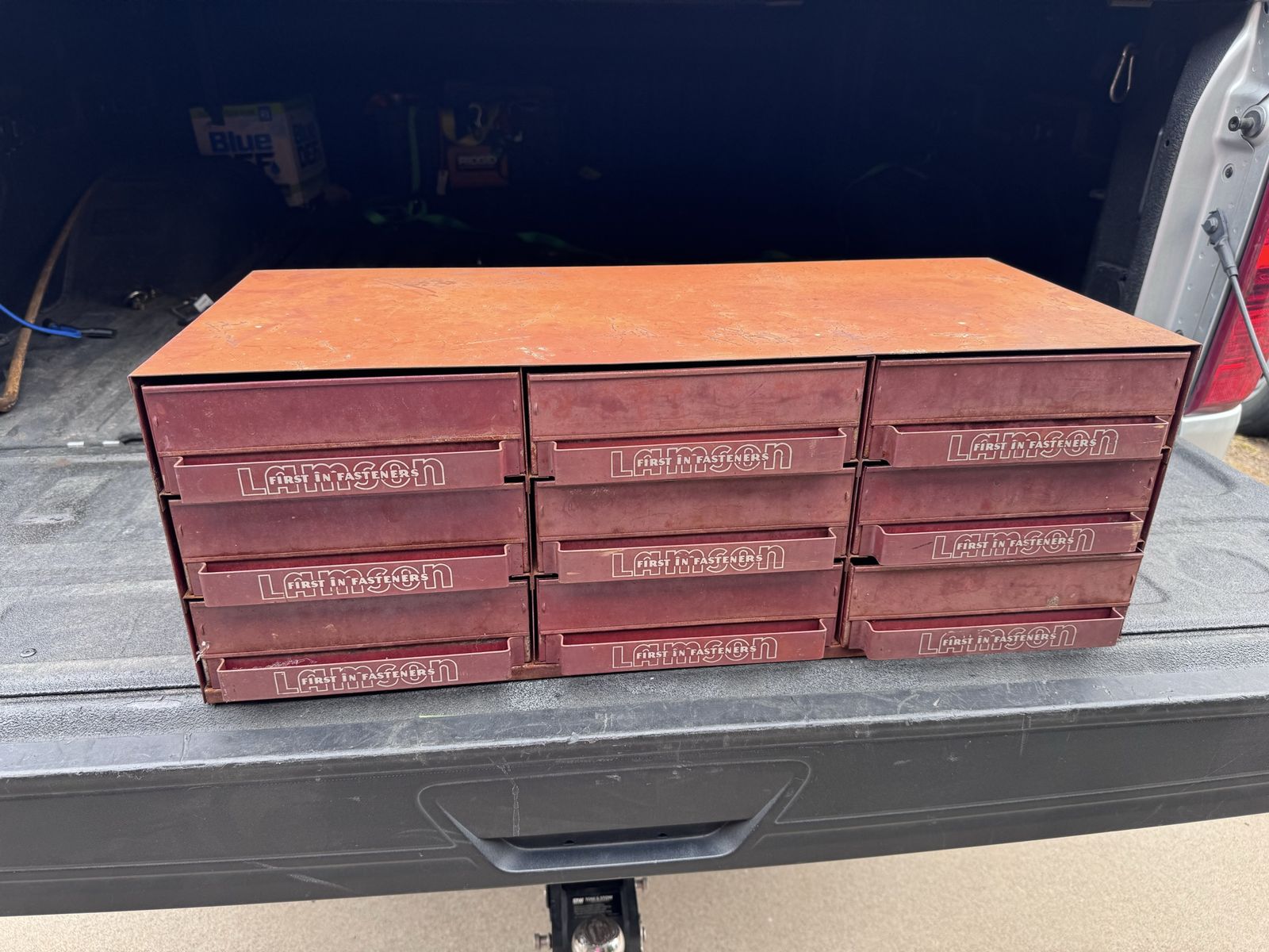 Vintage Lamson First in Fasteners Metal Cabinet Storage Organizer 9 Drawer Industrial Red