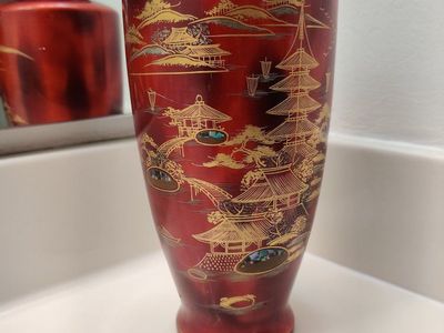 Vintage Japanese Red & Gold Lacquerware Vase with Mother of Pearl Inlay Pagoda Scene