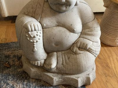 Vintage Cast Stone Buddha Hotei Sitting God Of Good Luck
