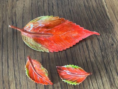 Colorful Painted Metal Leaf Pin and Earrings Set - 1950's-1960's