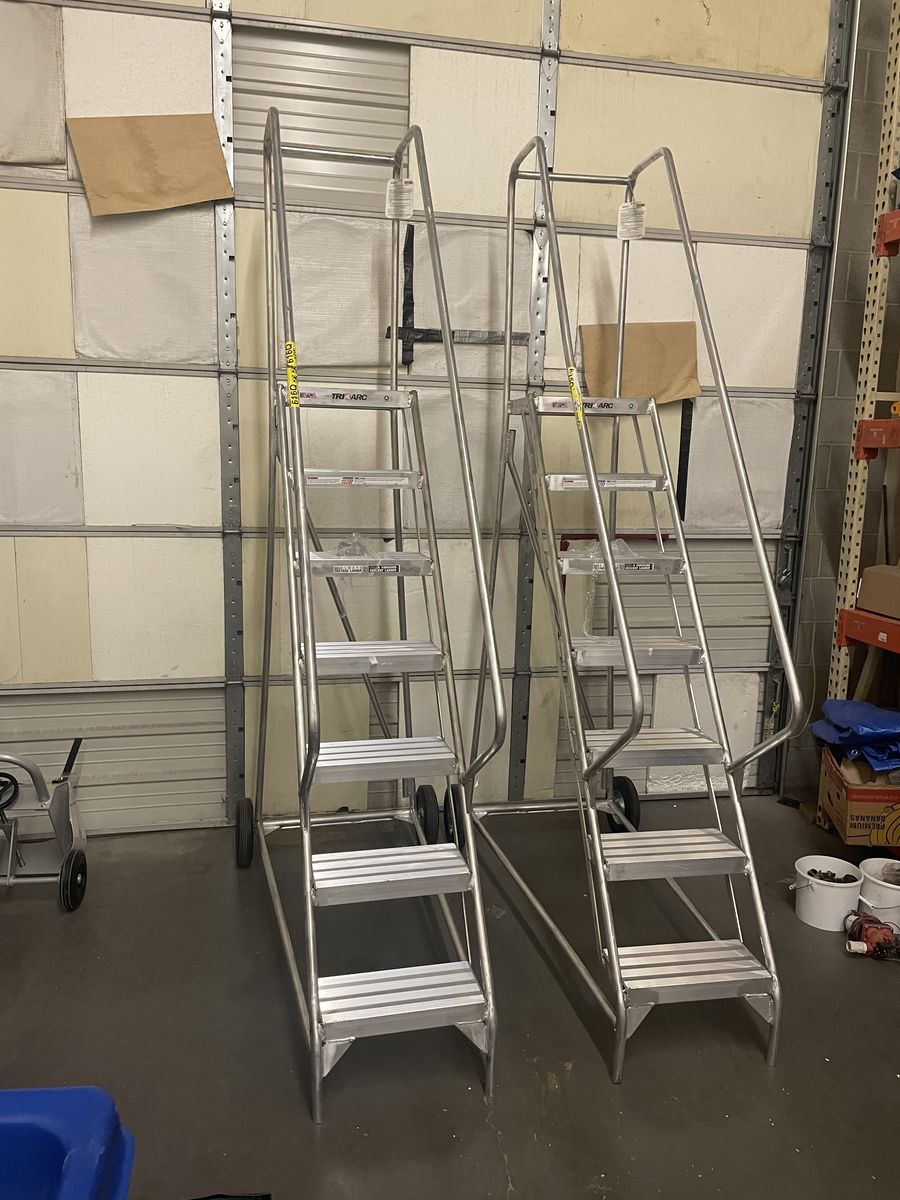 7 Step Wheelbarrow Style Aluminum Rolling Warehouse Ladder