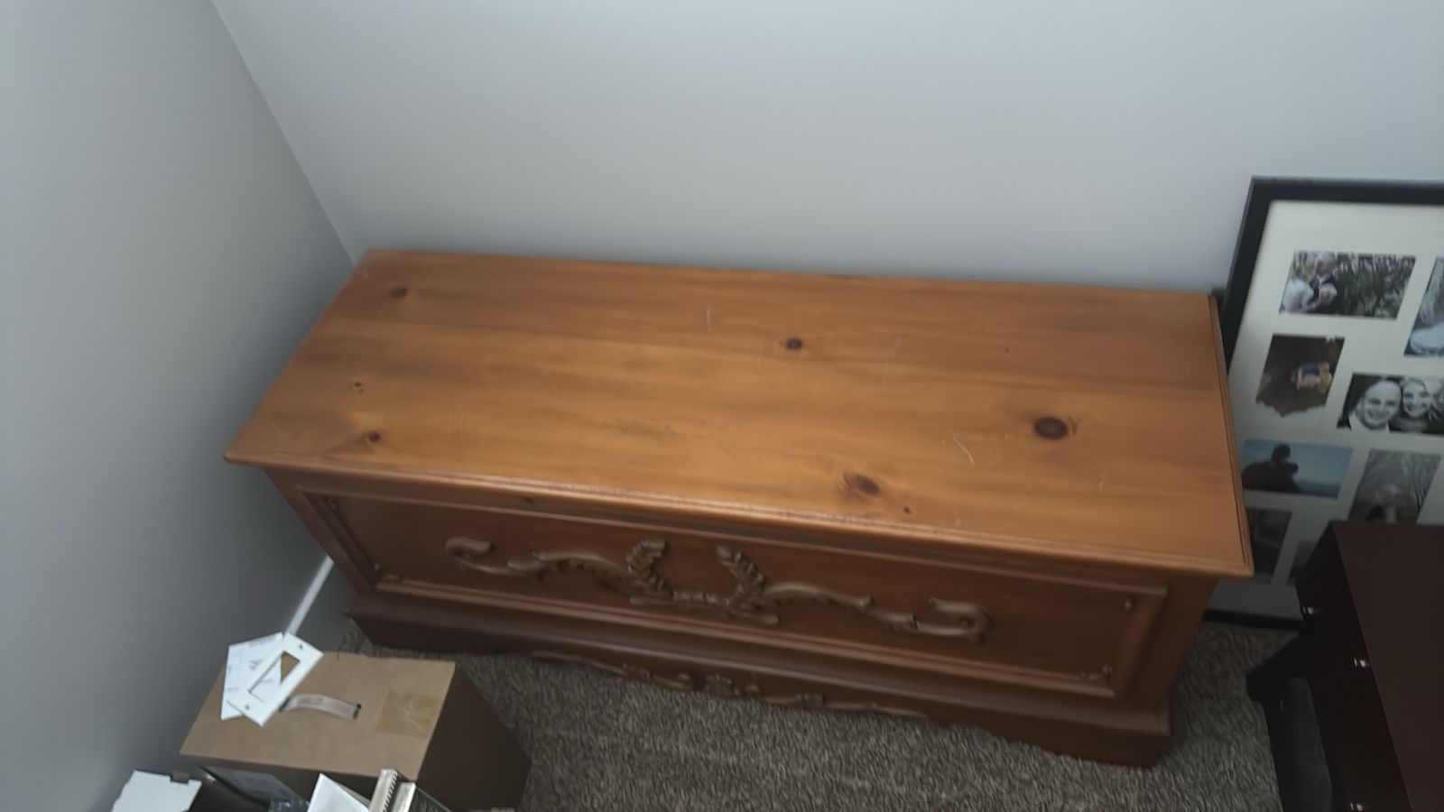 Vintage Wooden Cedar Chest Hope Chest with Carved Front Detail