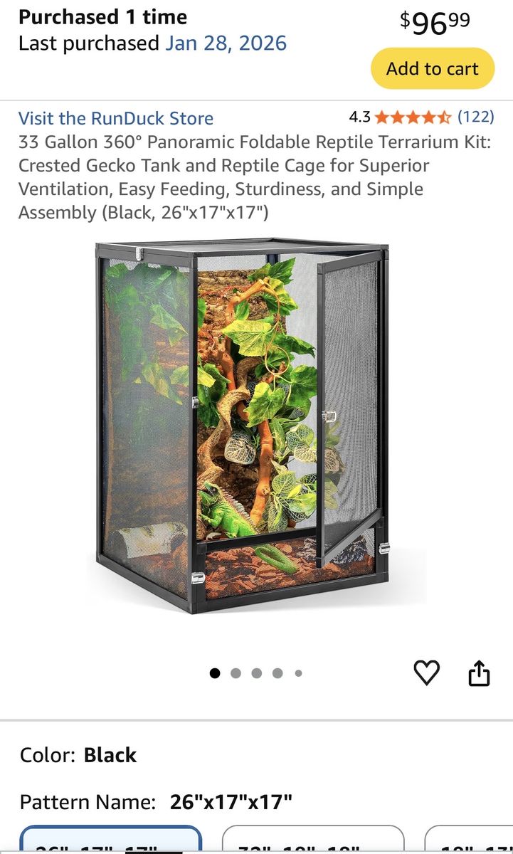 RunDuck 33 Gallon 360° Panoramic Foldable Reptile Terrarium Kit (26"x17"x17") - Black