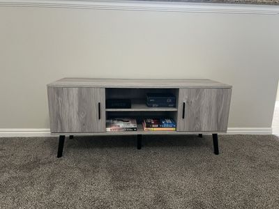 Modern Rustic TV Stand - Gray Wood Grain, Mid-Century Style Console Cabinet for TVs up to 60 inches
