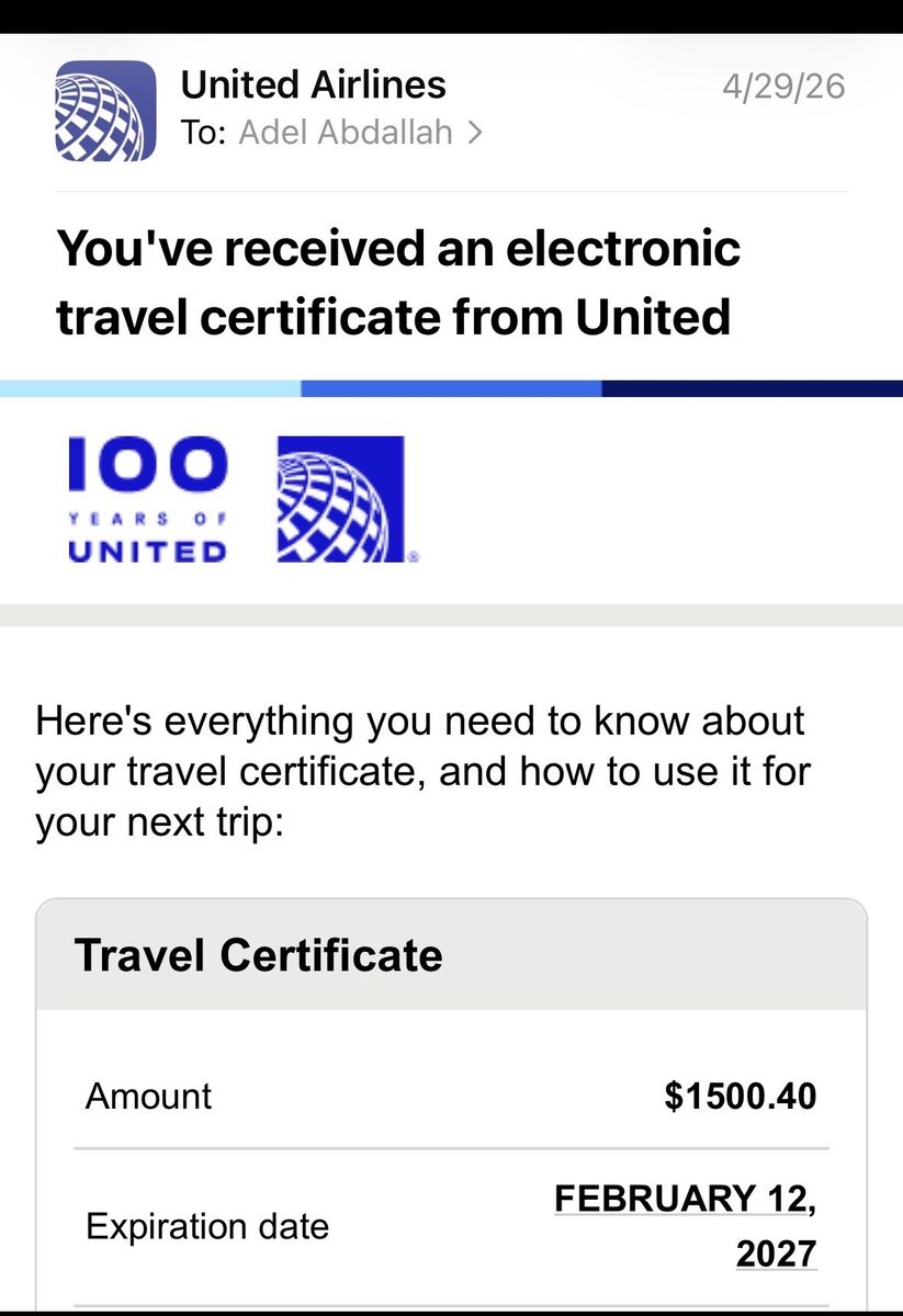 $1,500 United Airlines Travel Certificate