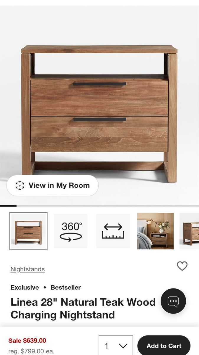 New Crate & Barrel "Linea" 28" Natural Teak Wood Charging Nightstand