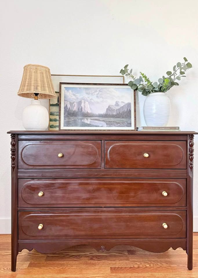 Antique Solid Wood Dark Walnut The Park Furniture Co. 4 Drawer Dresser Chest