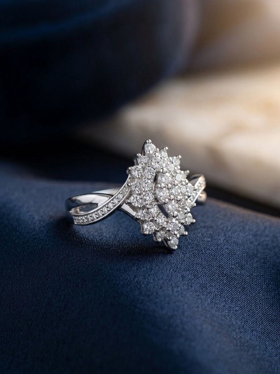 10K White Gold Diamond Cluster Ring | Elegant Twisted Bypass Band