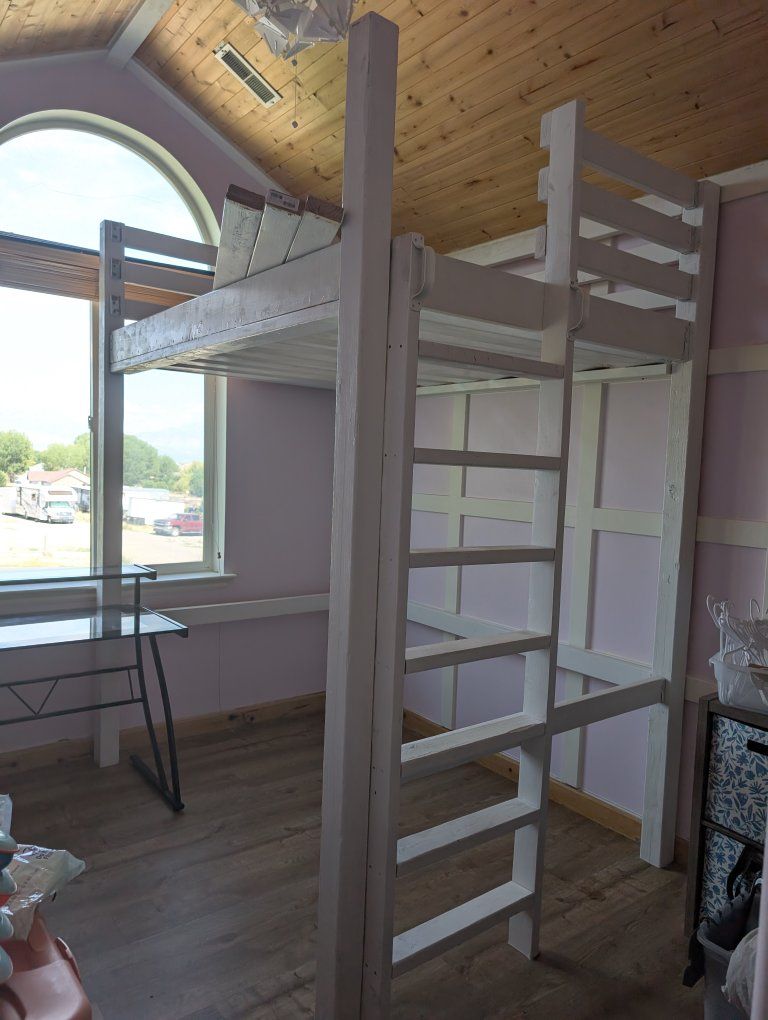 Sturdy White Wooden Loft Bed with Ladder - Space-Saving Design