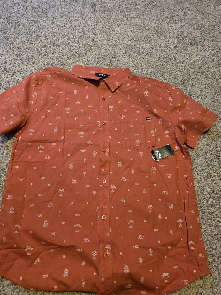 Billabong Men's XL Button-Up Shirt - Rust Red with White Pattern