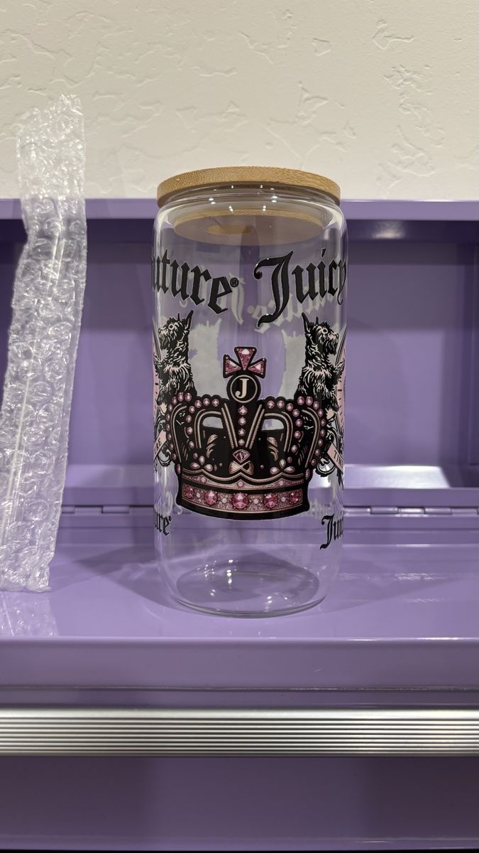 Juicy Couture Glass Cup with Crown Design and Bamboo Lid - New