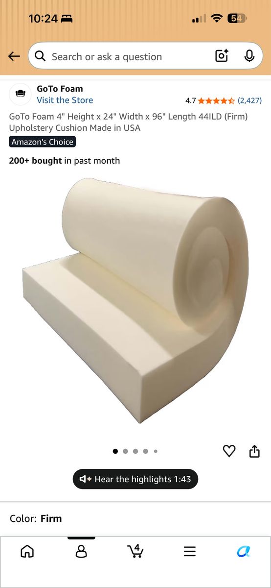 NEW GoTo Foam 4” Firm Upholstery Foam Cushion – 24” x 96”