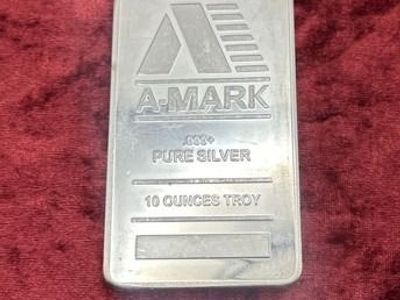 10 Troy Ounce Silver Bullion Coins of 999 Fine Silver from A-Mark, weighing 10 ounces with no minimum purchase.