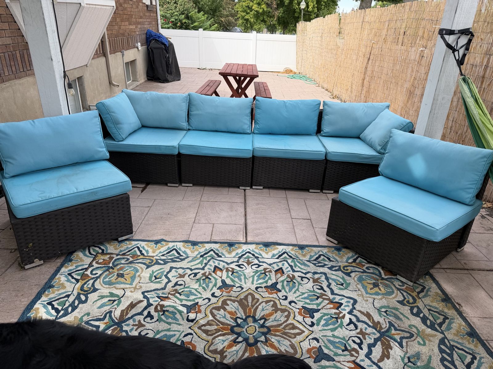 Modular Wicker Outdoor Sectional Sofa with Bright Blue Cushions