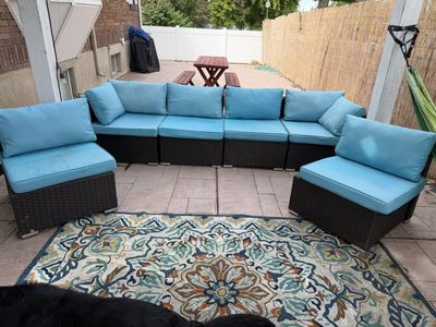Modular Wicker Outdoor Sectional Sofa with Bright Blue Cushions