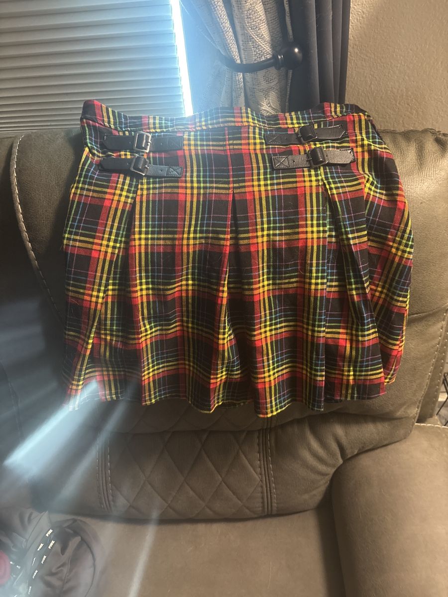 Large Hot Topic Plaid Pleated Mini Skirt with Buckles - Red, Yellow, Blue, Black