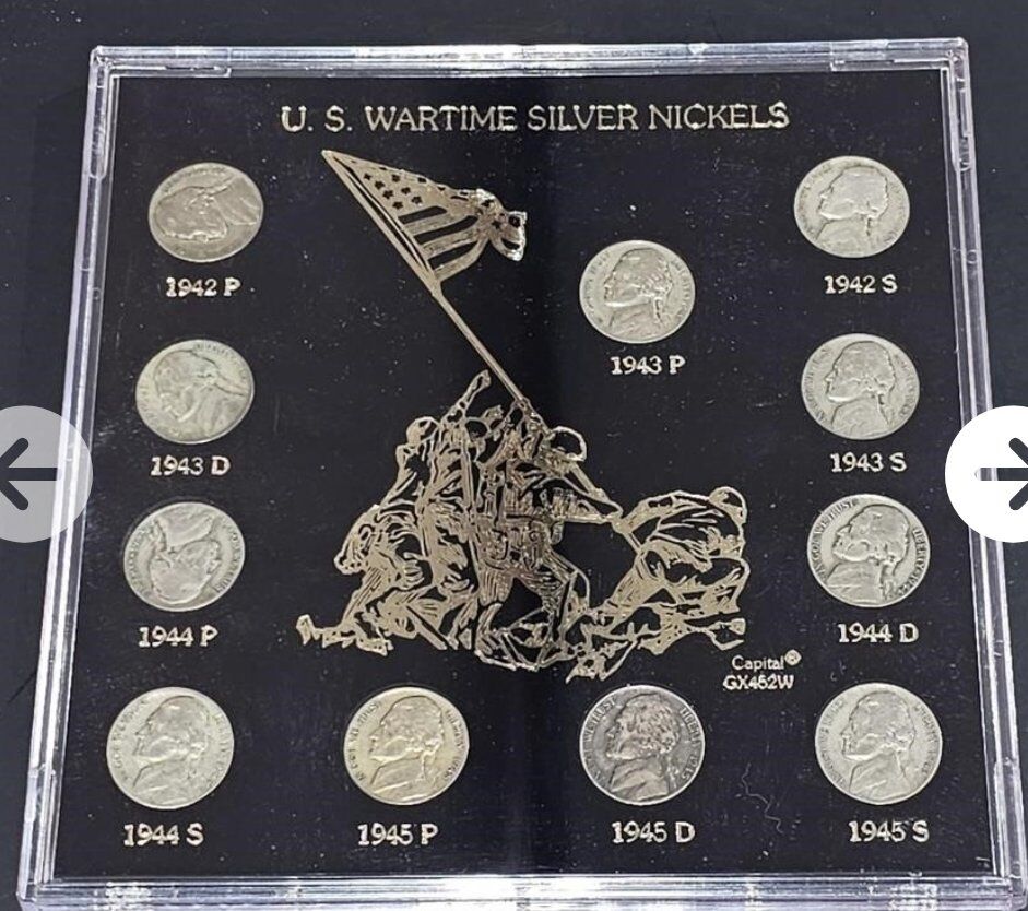 US WARTIME SILVER NICKLES SET IN CAPITAL HOLDER