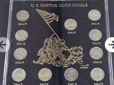 US WARTIME SILVER NICKLES SET IN CAPITAL HOLDER