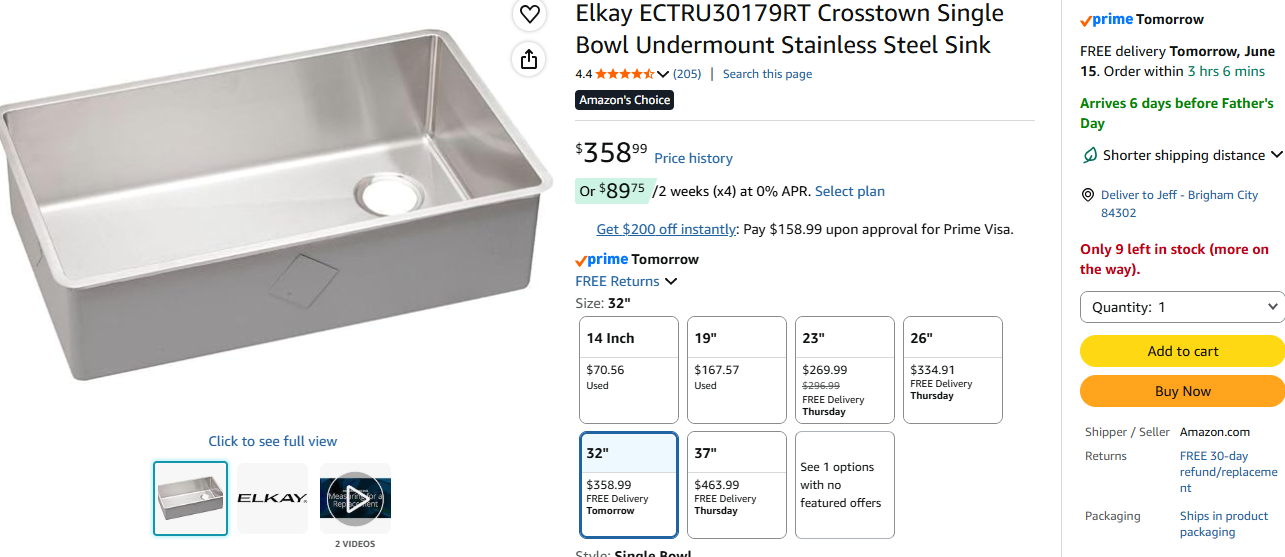 Elkay ECTRU30179RT Crosstown Single Bowl Undermount Stainless Steel Sink