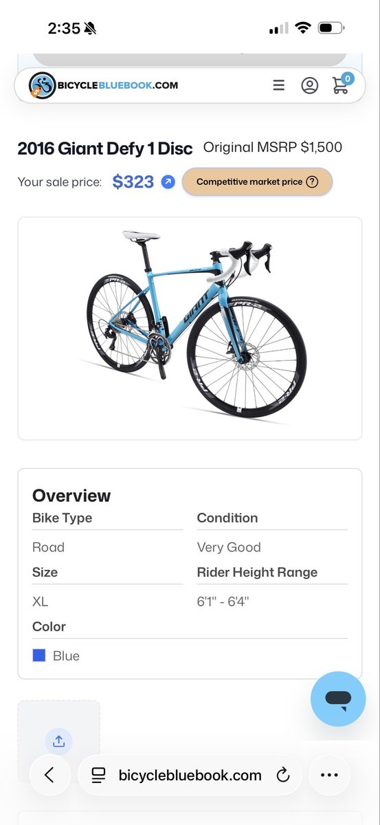 2016 Giant Defy 1 Disc Road Bike, XL Blue, Carbon Fork, PR-2 Disc Wheels