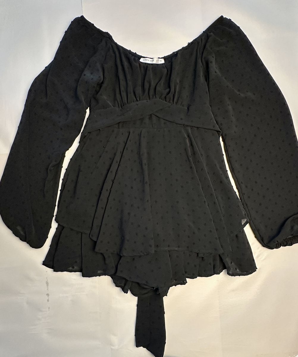 Altar’d State Black Swiss Dot Romper M Long Sleeve Tie Waist Boho Ruffle Shorts