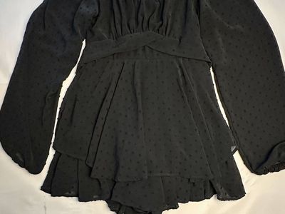 Altar’d State Black Swiss Dot Romper M Long Sleeve Tie Waist Boho Ruffle Shorts