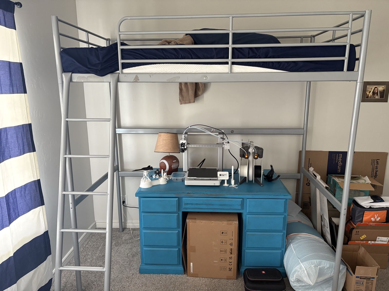 IKEA loft bed with gray IKEA desk