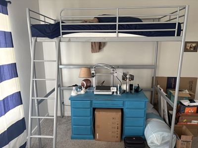 IKEA loft bed with gray IKEA desk