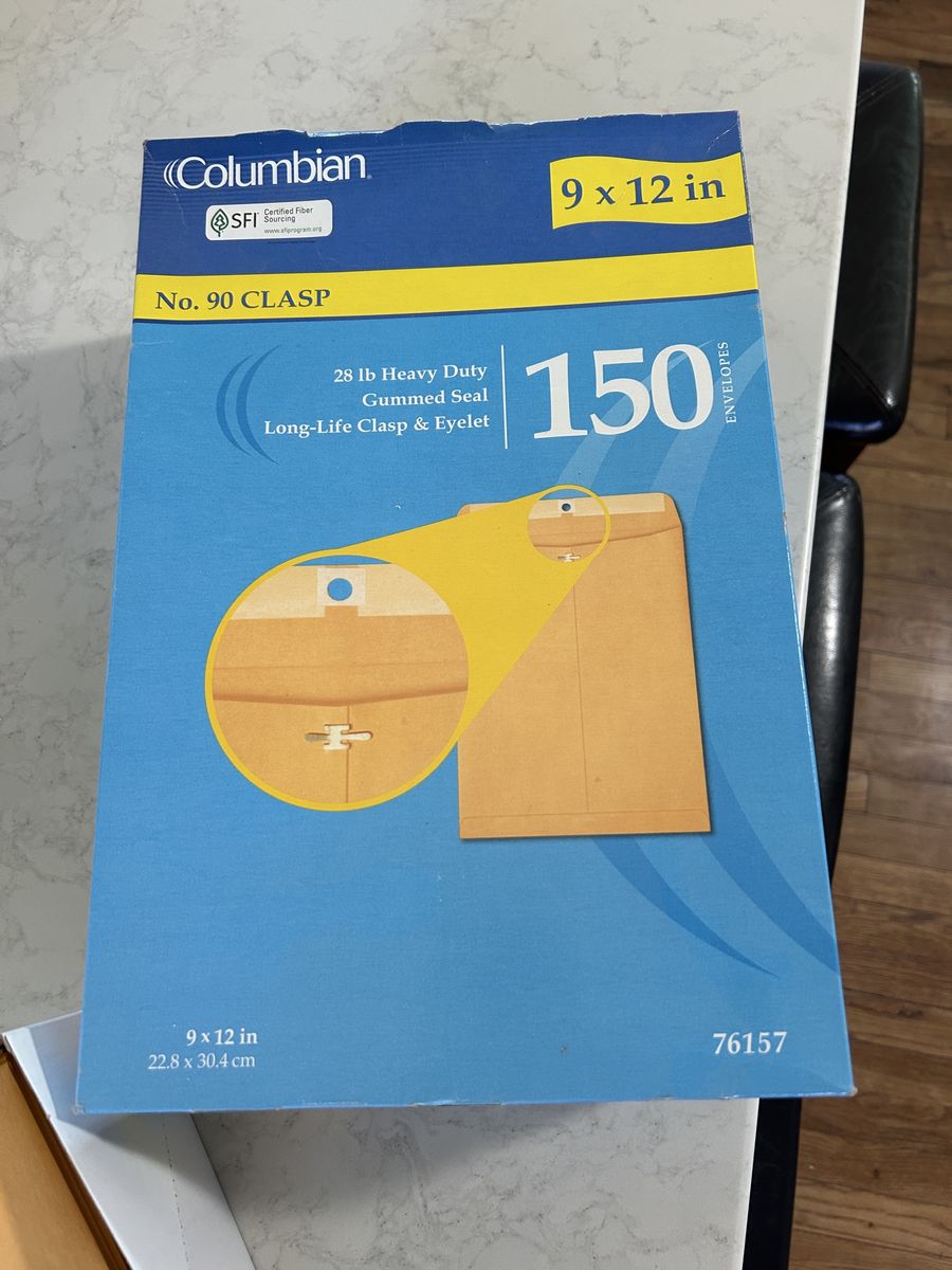 Columbian No. 90 Clasp 9x12in 28lb Heavy Duty Gummed Seal Envelopes - 150 Count