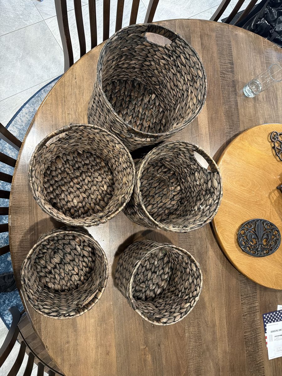 Set of 5 Woven Storage Baskets with Handles - Natural Wicker