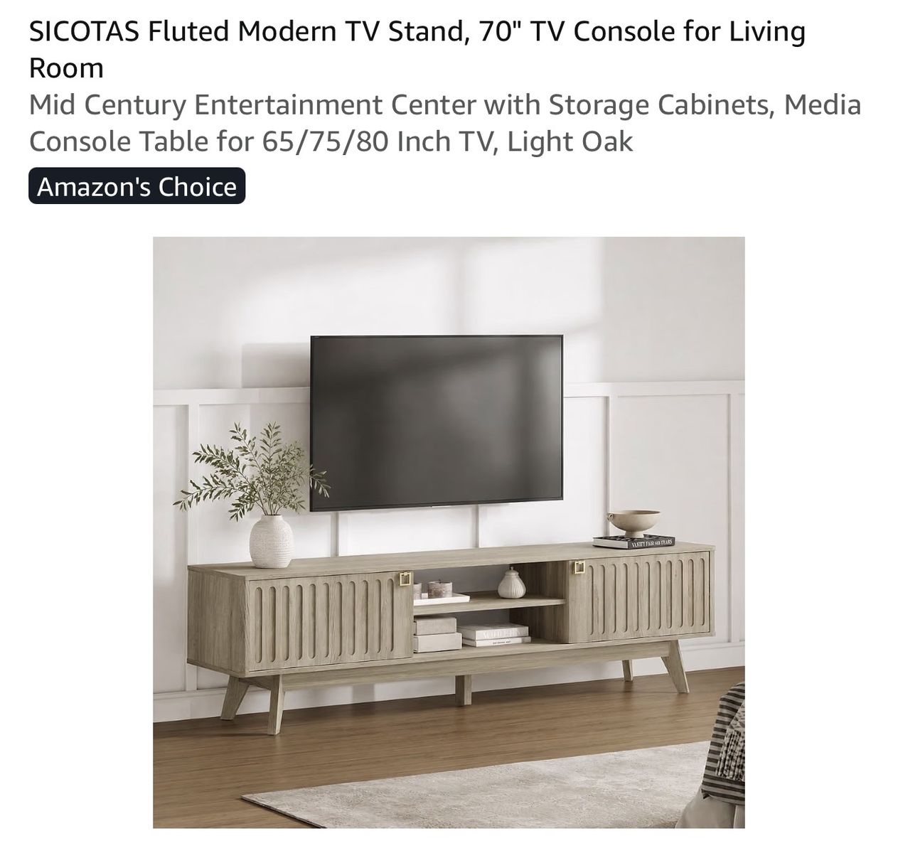 SICOTAS 70" Mid-Century Fluted Modern TV Stand Console - Light Oak
