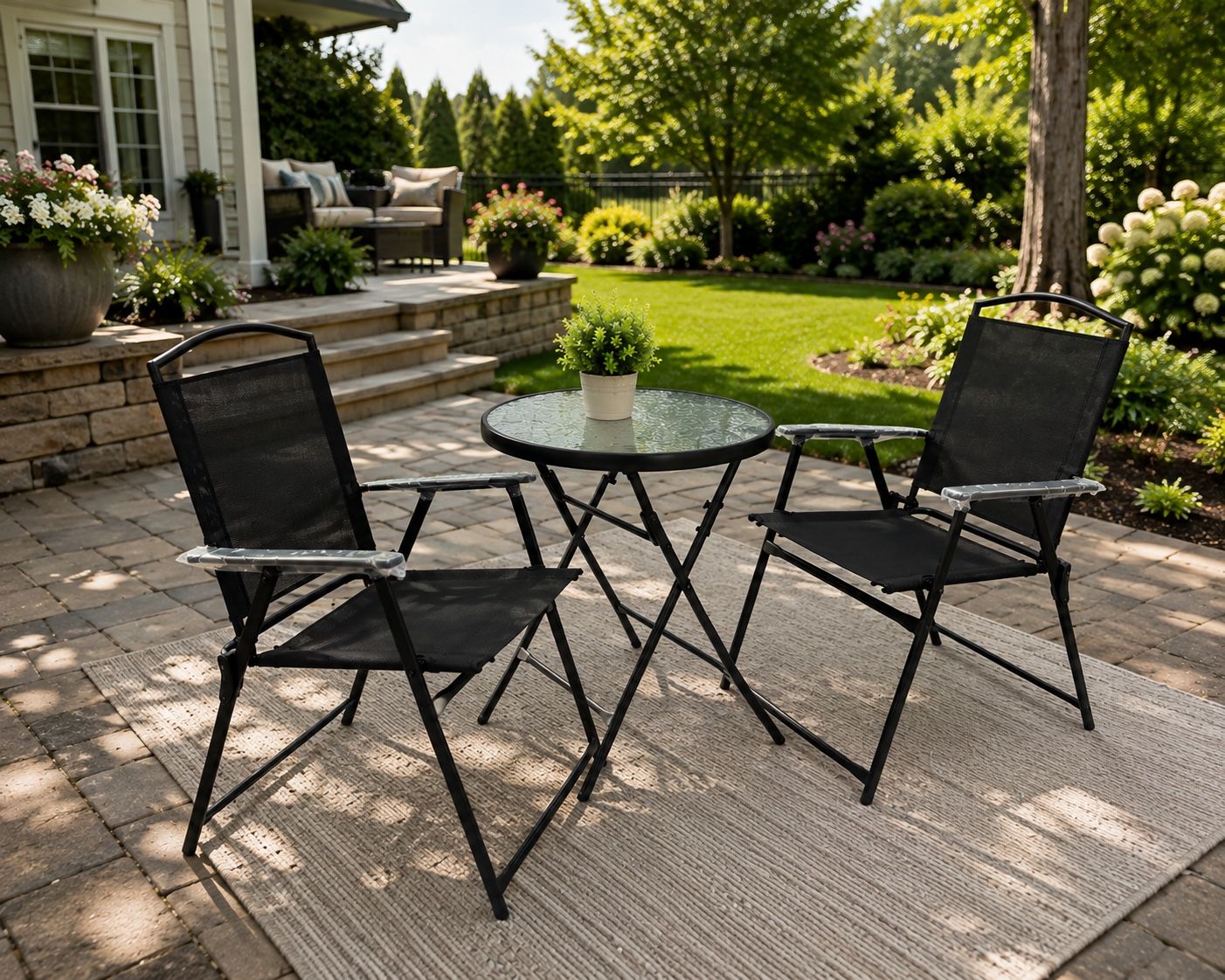 3-Piece Outdoor Patio Bistro Set - Folding Mesh Chairs & Glass Top Table