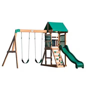 Swing Set - Wooden with Slide, Swings, Rock Wall, and Chalkboard - Perfect for Backyard Fun